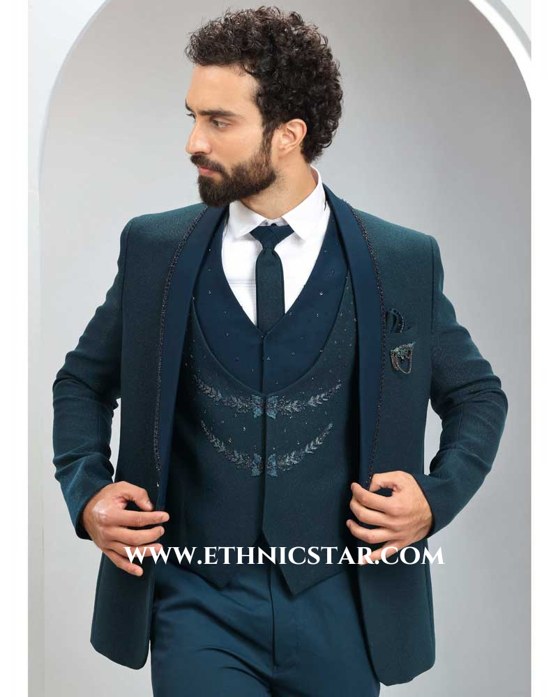Teal Blue Silk Tuxedo Suit For Groom