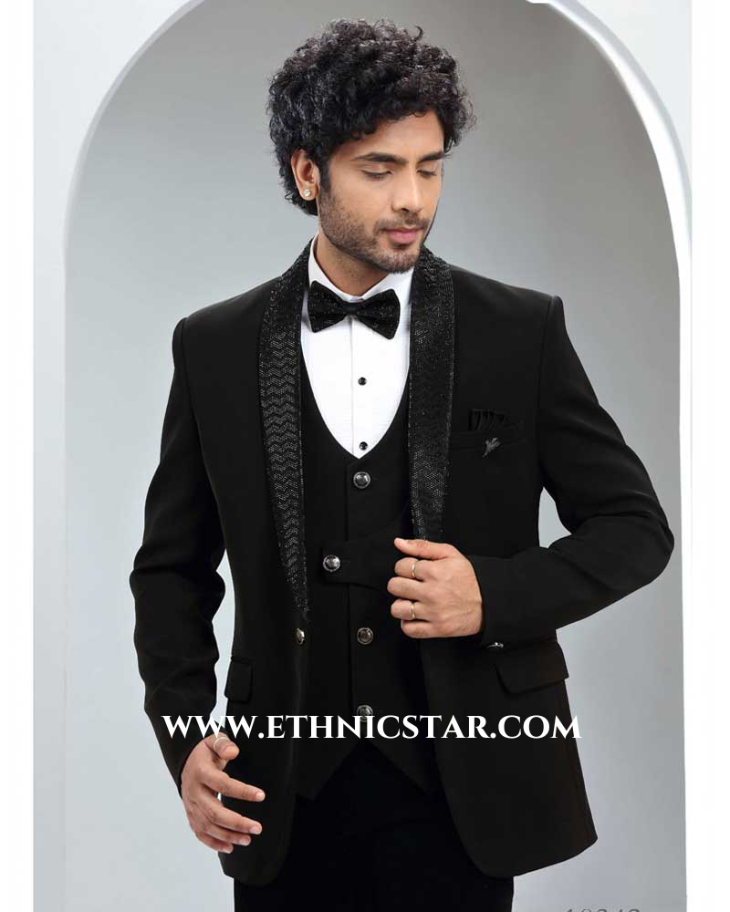 Black Stone Embroidered Shawl Collar Tuxedo Set
