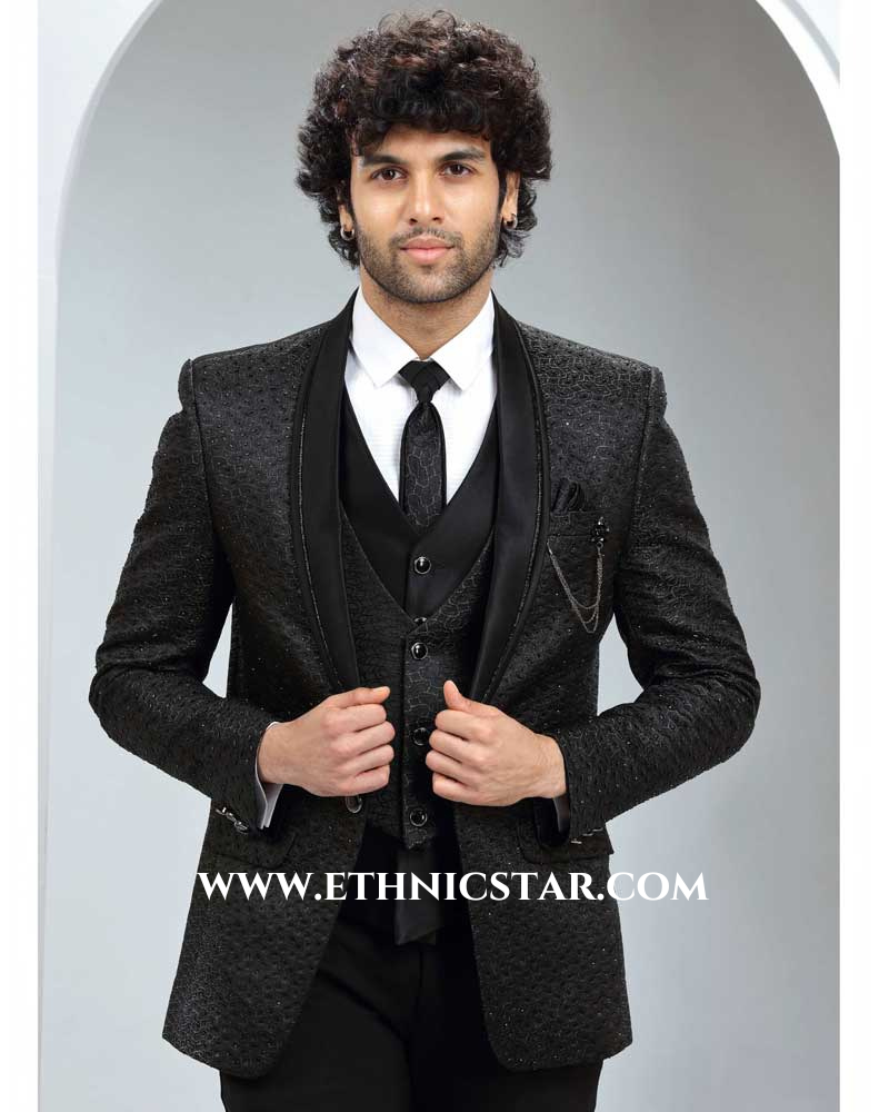 Black Embroidered Tuxedo Suit