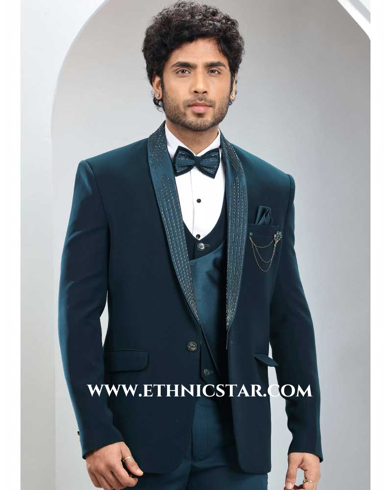 Rama Blue Tuxedo Suit With Cutdana Work Detail
