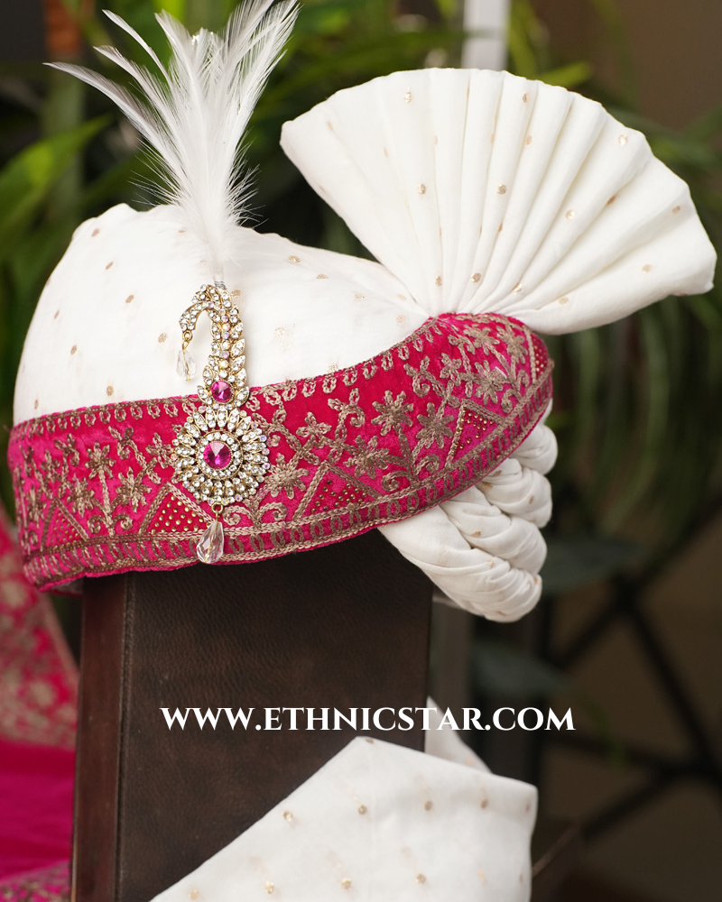 White And Rani Thread Embroidered Rajwadi Safa