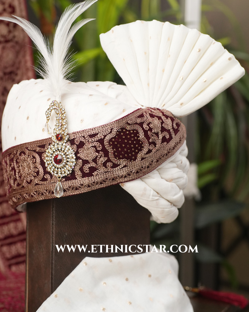 White And Dark Maroon Rajwadi Safa For Groom