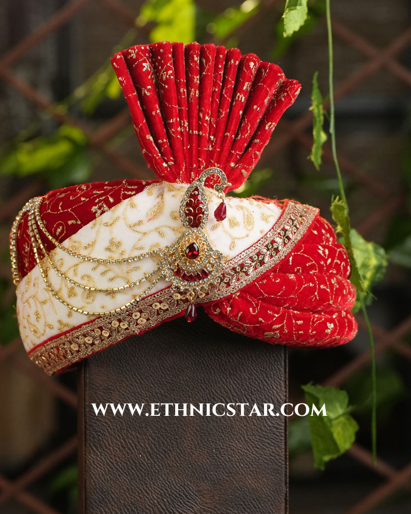 Off White And Red Color Safa In Velvet